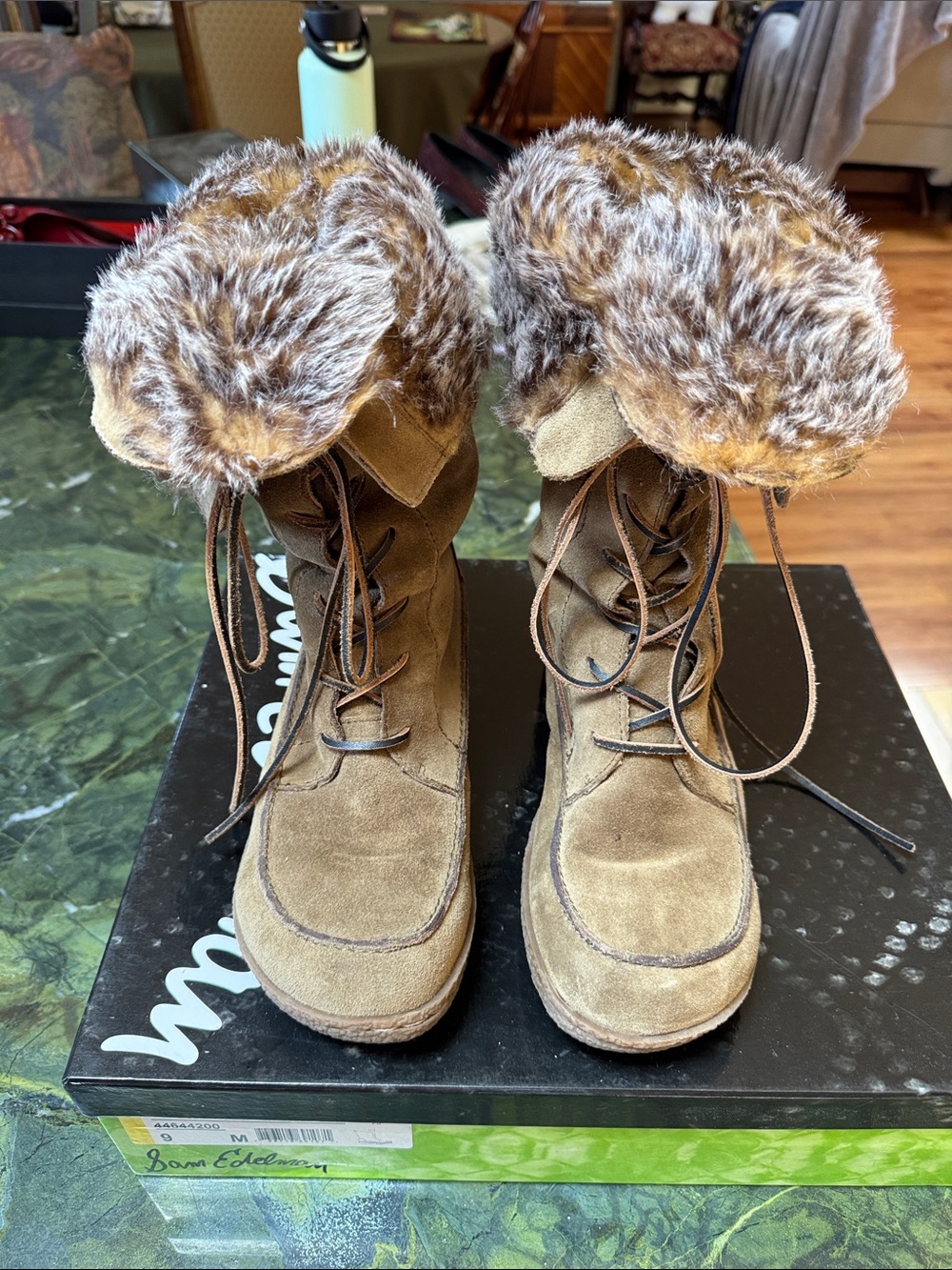 Sam Edelman s-Mateo Natural Suede Faux Fur Lined Boots with leather laces.